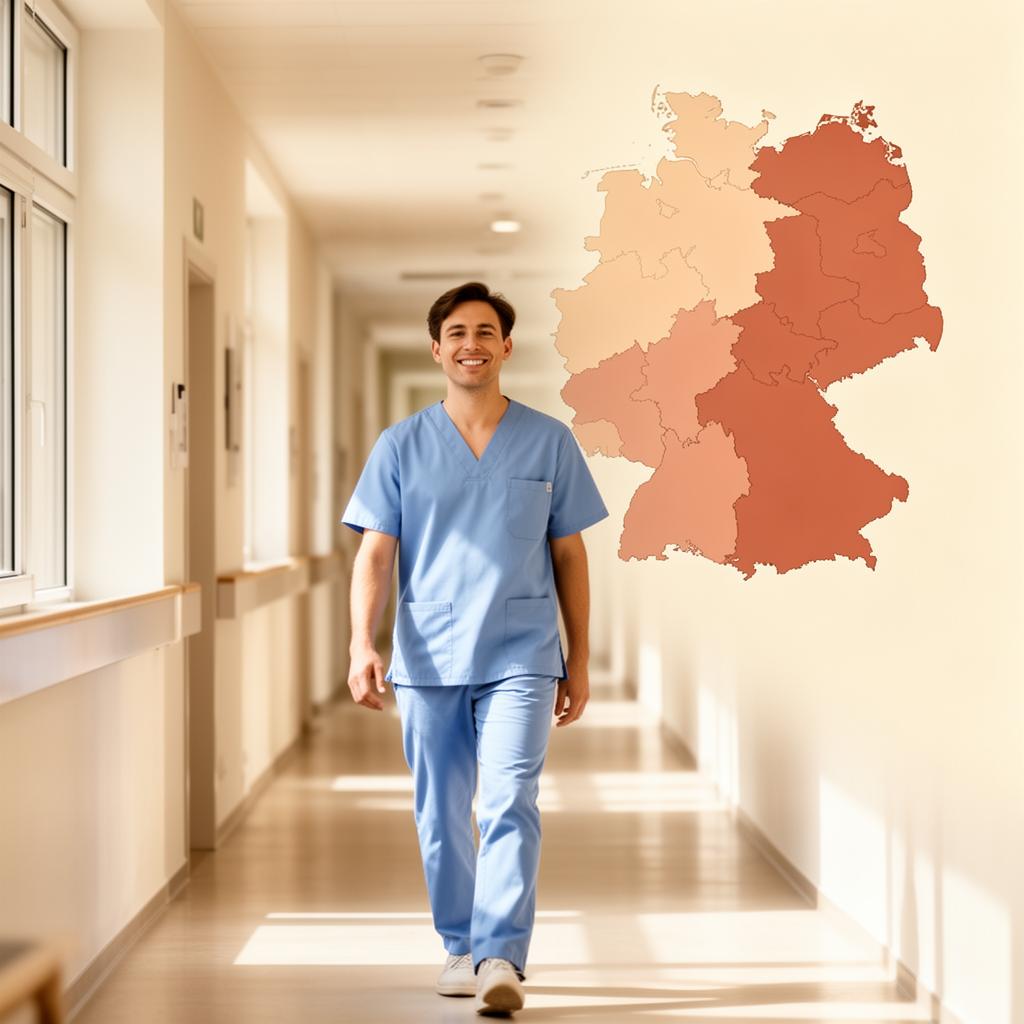 Pflegekraft in einer hellen Klinik mit angedeuteter Deutschlandkarte im Hintergrund
